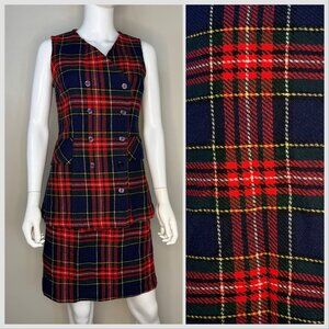 Vintage 1960s Navy Blue and Red Plaid Vest and Skirt Set, Handmade Size Small